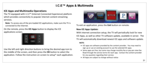 Page 32I.C.E™ Apps & Multimedia 
31 
 
ICE Apps and Multimedia Operations 
The TV equipped with I.C.E™ (Internet Connected Experience) platform 
which provides connectivity to popular internet content streaming 
services.   
Note: To access any of the pre-loaded ICE applications, make sure the TV is 
connected to the Internet. 
On the remote, press the ICE Apps button to display the ICE 
applications screen. 
 
 
Use the left and right direction buttons to bring the desired app icon to 
the middle of the...