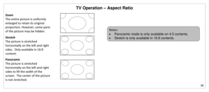 Page 37TV Operation – Aspect Ratio 
36 
 
Zoom 
The entire picture is uniformly 
enlarged to retain its original 
proportion. However, some parts 
of the picture may be hidden.  
Stretch 
The picture is stretched 
horizontally on the left and right 
sides.  Only available in 16:9 
content.  
Panoramic 
The picture is stretched 
horizontally on the left and right 
sides to fill the width of the 
screen.  The center of the picture 
is not stretched.  
 
 
 
Notes: 
 Panoramic mode is only available on 4:3...