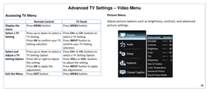 Page 39Advanced TV Settings – Video Menu 
38 
 
Accessing TV Menu  
 Remote Control TV Panel 
Display the 
menu 
Press MENU button Press MENU button 
Select a TV 
Setting 
Press up or down to select a 
TV Setting. 
Press OK to confirm your TV 
Setting selection. 
Press CH+ or CH- buttons to 
select a TV Setting. 
Press INPUT button to 
confirm your TV Setting 
selection. 
Select and 
Adjust a TV 
Setting Option 
Press up or down to select a 
TV Setting Option. 
Press left or right to adjust 
the setting. 
Press...