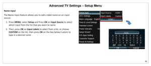 Page 44Advanced TV Settings – Setup Menu 
43 
 
Name Input 
The Name Input feature allows you to add a label name on an input 
source. 
1. Press MENU, select Setup and Press OK on Input Source to select 
which input from the list that you want to name 
2. Then, press OK on Input Labels to select from a list, or choose 
CUSTOM on the list, then press OK on the box below Custom to 
type in a desired name 
 
 
 
 
 
   