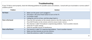 Page 52Troubleshooting 
51 
 
If your TV fails to work properly, check the following guidelines for possible causes and solutions.  Consult with your local dealer or service outlet if 
problems persist. 
Problem Solution 
No Power  Make sure the power cord is plugged in. 
 The power is off; press Power button to turn on the TV. 
 Try another outlet. 
 Unplug the unit for an hour, and then plug it back in. 
Poor or No Sound  Press the VOL Up button on the remote control or the VOL+ button on the TV. 
...