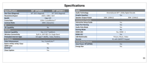 Page 56Specifications 
55 
 
Specification 50” SP50M-C 55” SP55M-C 
Size Class (Diagonal)  50” (50.5 diagonal) 55” (54.6 diagonal) 
Resolution/Aspect  1920 x 1080 / 16:9 
Backlit Edge LED 
Frame Rate 120Hz CrystalMotion™ 
Contrast Ratio 20M:1 (Dynamic) 
3D  
3D Capability No   
Internet    
Internet Capability Yes, I.C.E.™ platform 
Wireless Connectivity Built-in, WiFi 802.11n Single Band 
Preloaded Internet Apps ICE apps™: Netflix,  Vudu, Pandora,   
TV Features  
Color Enhancement Yes, CrystalColor™ 
Built-in...