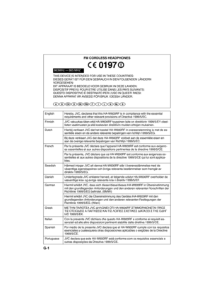 Page 17G-1
FM CORDLESS HEADPHONES
863MHz — 865 MHZ
THIS DEVICE IS INTENDED FOR USE IN THESE COUNTRIES:
DIESES GERÄT IST FÜR DEN GEBRAUCH IN DEN FOLGENDEN LÄNDERN 
VORGESEHEN:
DIT APPARAAT IS BEDOELD VOOR GEBRUIK IN DEZE LANDEN:
DISPOSITIF PREVU POUR ETRE UTILISE DANS LES PAYS SUIVANTS:
QUESTO DISPOSITIVO È DESTINATO PER L’USO IN QUESTI PAESI:
DENNA APPARAT ÄR AVSEDD FÖR BRUK I DESSA LÄNDER:
English Hereby, JVC, declares that this HA-W600RF is in compliance with the essential 
requirements and other relevant...