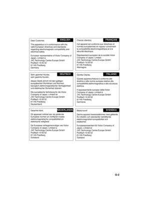 Page 18Bästa kund!
Denna apparat överensstämmer med gällande 
EU-direktiv och standarder beträffande 
elektromagnetisk kompatibilitet och 
elsäkerhet. 
Europarepresentant för Victor Company of 
Japan, Limited är: 
JVC Technology Centre Europe GmbH
Postfach 10 05 52
61145 Friedberg
Tyskland
G-2
Dear Customer, 
This apparatus is in conformance with the 
valid European directives and standards 
regarding electromagnetic compatibility and 
electrical safety. 
European representative of Victor Company of 
Japan,...