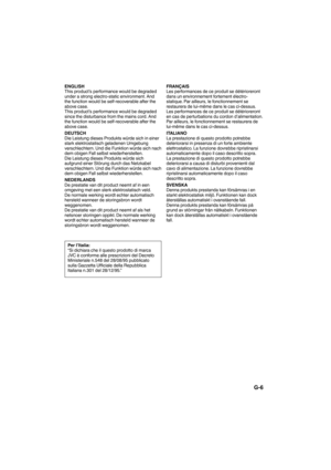 Page 22ENGLISH
This product’s performance would be degraded 
under a strong electro-static environment. And 
the function would be self-recoverable after the 
above case.
This product’s performance would be degraded 
since the disturbance from the mains cord. And 
the function would be self-recoverable after the 
above case.
DEUTSCH
Die Leistung dieses Produkts würde sich in einer 
stark elektrostatisch geladenen Umgebung 
verschlechtern. Und die Funktion würde sich nach 
dem obigen Fall selbst...