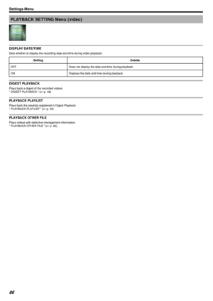 Page 86PLAYBACK SETTING Menu (video)
.
DISPLAY DATE/TIME
Sets whether to display the recording date and time during video playback.
SettingDetailsOFFDoes not display the date and time during playback.ONDisplays the date and time during playback.
DIGEST PLAYBACK
Plays back a digest of the recorded videos.
“ DIGEST PLAYBACK ” ( A p. 48)
PLAYBACK PLAYLIST
Plays back the playlists registered in Digest Playback. “ PLAYBACK PLAYLIST ” ( A p. 49)
PLAYBACK OTHER FILE
Plays videos with defective management information....