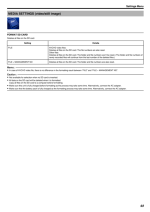 Page 93MEDIA SETTINGS (video/still image)
.
FORMAT SD CARD
Deletes all files on the SD card.
SettingDetailsFILEAVCHD video files:
Deletes all files on the SD card. The file numbers are also reset.
Other files:
Deletes all files on the SD card. The folder and file numbers won’t be reset. (The folder and file numbers of
newly recorded files will continue from the last number of the deleted files.)FILE + MANAGEMENT NODeletes all files on the SD card. The folder and file numbers are also reset.Memo : 
0 In case of...