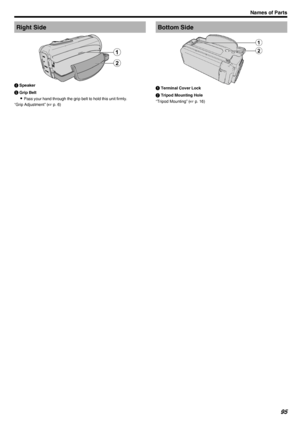 Page 95Right Side.D Speaker
E  Grip Belt
0 Pass your hand through the grip belt to hold this unit firmly.
“Grip Adjustment” ( A p. 6)Bottom Side
.A Terminal Cover Lock
B  Tripod Mounting Hole
“Tripod Mounting” ( A p. 16)Names of Parts95 