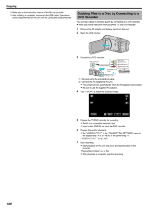 Page 1060Refer also to the instruction manual of the Blu-ray recorder.
0 After dubbing is complete, disconnect the USB cable. Operations
cannot be performed on this unit until the USB cable is disconnected.Dubbing Files to a Disc by Connecting to a
DVD Recorder
You can dub videos in standard quality by connecting to a DVD recorder. 0 Refer also to the instruction manuals of the TV and DVD recorder.1
Remove the AC adapter and battery pack from this unit.
2 Open the LCD monitor.
.
3Connect to a DVD recorder.
.
A...