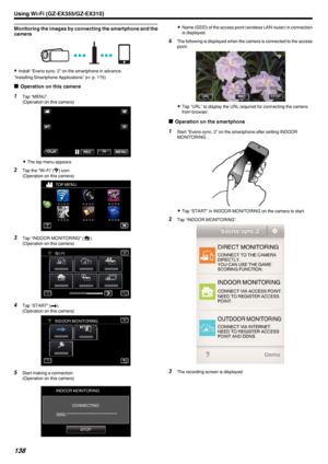 Page 138Monitoring the images by connecting the smartphone and thecamera
.
0 Install “Everio sync. 2” on the smartphone in advance.
“Installing Smartphone Applications” ( A p. 175)
o Operation on this camera
1
Tap “MENU”.
(Operation on this camera)
.
0The top menu appears.
2 Tap the “Wi-Fi” ( 0014
) icon.
(Operation on this camera)
.
3Tap “INDOOR MONITORING” ( 0011).
(Operation on this camera)
.
4Tap “START” ( 000C).
(Operation on this camera)
.
5Start making a connection.
(Operation on this camera)
.
0Name...