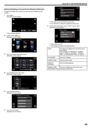 Page 169Editing LAN Settings of Access Points (Wireless LAN Router)
Change accordingly such as when you want to fix the IP address for the
camera.
1 Tap “MENU”.
(Operation on this camera)
.
0The top menu appears.
2 Tap the “Wi-Fi” ( 0014
) icon.
(Operation on this camera)
.
3Tap  001D on the lower right of the screen.
(Operation on this camera)
.
4Tap “COMMON Wi-Fi SETTING”.
(Operation on this camera)
.
5Tap “ACCESS POINTS”.
(Operation on this camera)
.
6Tap “LAN SETTINGS”.
(Operation on this camera)
.
0 Tap...