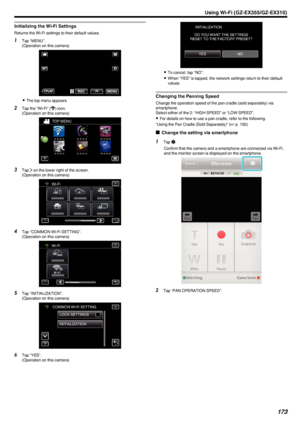 Page 173Initializing the Wi-Fi Settings
Returns the Wi-Fi settings to their default values.
1Tap “MENU”.
(Operation on this camera)
.
0The top menu appears.
2 Tap the “Wi-Fi” ( 0014
) icon.
(Operation on this camera)
.
3Tap  001D on the lower right of the screen.
(Operation on this camera)
.
4Tap “COMMON Wi-Fi SETTING”.
(Operation on this camera)
.
5Tap “INITIALIZATION”.
(Operation on this camera)
.
6Tap “YES”.
(Operation on this camera)
.
0 To cancel, tap “NO”.
0 When “YES” is tapped, the network settings...