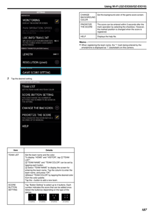 Page 187.
3Tap the desired setting.
.
ItemDetailsTEAM LISTSet the team name and the color.
To display “HOME” and “VISITOR”, tap  A“TEAM
LIST”.
B “TEAM NAME” and “TEAM COLOR” can be set by
tapping each button.
C  Select “TEAM NAME” to display the screen for
entering the team name. Tap the column to enter the
team name, and press “OK”.
D Select “TEAM COLOR” by tapping the desired color
from the color palette.
Tap the + button to add a new team.SCORE
BUTTON
SETTINGTap “Button Setting” to select up to 4 buttons....