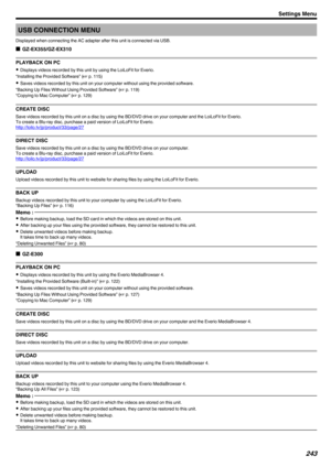 Page 243USB CONNECTION MENU
Displayed when connecting the AC adapter after this unit is connected via USB. o GZ-EX355/GZ-EX310
PLAYBACK ON PC
0 Displays videos recorded by this unit by using the LoiLoFit for Everio.
“Installing the Provided Software” ( A p. 115)
0 Saves videos recorded by this unit on your computer without using the provided software.
“Backing Up Files Without Using Provided Software” ( A p. 119)
“Copying to Mac Computer” ( A p. 129)
CREATE DISC
Save videos recorded by this unit on a disc by...