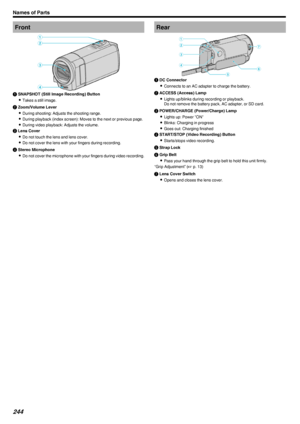 Page 244Front.A SNAPSHOT (Still Image Recording) Button
0 Takes a still image.
B  Zoom/Volume Lever
0 During shooting: Adjusts the shooting range.
0 During playback (index screen): Moves to the next or previous page.
0 During video playback: Adjusts the volume.C Lens Cover
0 Do not touch the lens and lens cover.
0 Do not cover the lens with your fingers during recording.
D  Stereo Microphone
0 Do not cover the microphone with your fingers during video recording.Rear
.A DC Connector
0 Connects to an AC adapter to...