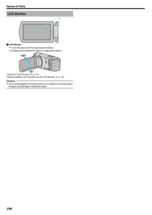 Page 246LCD Monitor.A LCD Monitor
0 Turns the power on/off by opening and closing.
0 Enables self-portraits to be taken by rotating the monitor.
.
“Using the Touch Screen” ( A p. 15)
“Names of Buttons and Functions on the LCD Monitor” ( A p. 16)
Caution : 
0
Do not press against the surface with force or subject it to strong impact.
Doing so may damage or break the screen.
Names of Parts246 