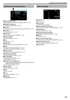 Page 247Common Recording Indications.A TOUCH PRIORITY AE/AF
“Capturing Subjects Clearly (TOUCH PRIORITY AE/AF)” ( A p. 44)
B  Backlight Compensation
“Setting Backlight Compensation” ( A p. 35)
C  Auto REC
“Recording Automatically by Sensing Movements (AUTO REC)” ( A p. 57)
D  Tele Macro
“Taking Close-up Shots” ( A p. 37)
E  Scene Select
“Shooting According to Scene (Subject)” ( A p. 32)
F  WHITE BALANCE
“Setting White Balance” ( A p. 36)
G  Time
“Clock Setting” ( A p. 18)
H  SMILE SHOT
“Capturing Smiles...