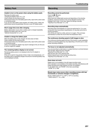 Page 251Battery Pack
Unable to turn on the power when using the battery pack.
Recharge the battery pack.
“Charging the Battery Pack” ( A p. 12)
Check whether the terminals are dirty.
If the terminal of this unit or the battery pack is dirty, wipe it with a cotton swab or something similar.
If you use any other battery packs besides JVC battery packs, safety and
performance cannot be guaranteed. Be sure to use JVC battery packs.
Short usage time even after charging.
Battery deterioration occurs when a battery...