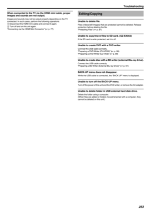 Page 253When connected to the TV via the HDMI mini cable, proper
images and sounds are not output.
Images and sounds may not be output properly depending on the TV
connected. In such cases, perform the following operations.
A  Disconnect the HDMI mini cable and connect it again.
B  Turn off and on this unit again.
“Connecting via the HDMI Mini Connector” ( A p. 77)
Editing/Copying
Unable to delete file.
Files (videos/still images) that are protected cannot be deleted. Release
protection before deleting the...