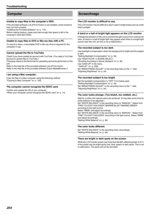 Page 254Computer
Unable to copy files to the computer’s HDD.
If the provided software LoiLoFit for Everio is not installed, some functions
may not work properly.
“Installing the Provided Software” ( A p. 115)
Before making backup, make sure that enough free space is left in the computer's hard disk (HDD).
Unable to copy files to DVD or Blu-ray disc with a PC.
To record to discs, a recordable DVD or Blu-ray drive is required for the
computer in use.
Cannot upload the file to YouTube.
Check if you have created...