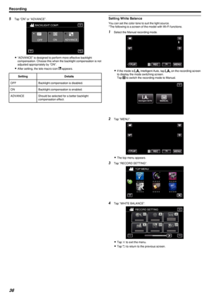 Page 365Tap “ON” or “ADVANCE”.
.
0“ADVANCE” is designed to perform more effective backlight
compensation. Choose this when the backlight compensation is not
adjusted appropriately by “ON”.
0 After setting, the tele macro icon  0015 appears.
SettingDetailsOFFBacklight compensation is disabled.ONBacklight compensation is enabled.ADVANCEShould be selected for a better backlight
compensation effect.Setting White Balance
You can set the color tone to suit the light source.
*The following is a screen of the model...