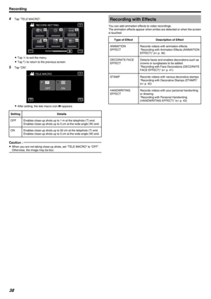 Page 384Tap “TELE MACRO”.
.
0Tap  L to exit the menu.
0 Tap  0029 to return to the previous screen.
5 Tap “ON”.
.
0After setting, the tele macro icon  0018 appears.
SettingDetailsOFFEnables close-up shots up to 1 m at the telephoto (T) end.
Enables close-up shots up to 5 cm at the wide angle (W) end.ONEnables close-up shots up to 50 cm at the telephoto (T) end.
Enables close-up shots up to 5 cm at the wide angle (W) end.Caution : 
0 When you are not taking close-up shots, set “TELE MACRO” to “OFF”.
Otherwise,...