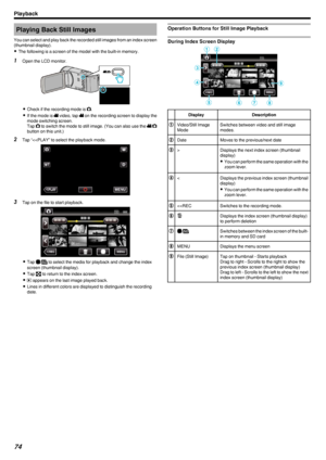 Page 74Playing Back Still Images
You can select and play back the recorded still images from an index screen
(thumbnail display).
0 The following is a screen of the model with the built-in memory.1
Open the LCD monitor.
.
0Check if the recording mode is  0011.
0 If the mode is  0010 video, tap  0010 on the recording screen to display the
mode switching screen.
Tap  0011 to switch the mode to still image. (You can also use the  0010/0011
button on this unit.)
2 Tap “