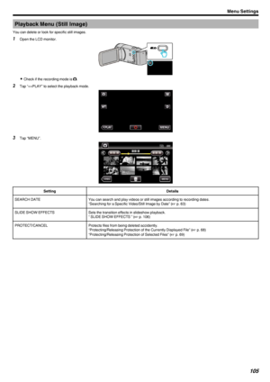 Page 105Playback Menu (Still Image)
You can delete or look for specific still images.1 Open the LCD monitor.
.
0Check if the recording mode is  B.
2 Tap “