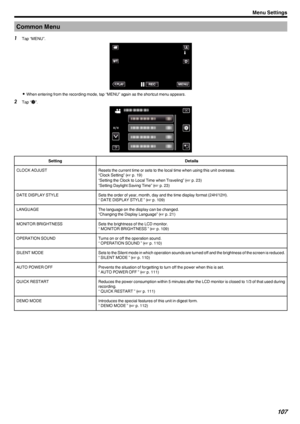 Page 107Common Menu1Tap “MENU”.
.
0When entering from the recording mode, tap “MENU” again as the shortcut menu appears.
2 Tap “ Q
”.
.
SettingDetailsCLOCK ADJUSTResets the current time or sets to the local time when using this unit overseas.
“Clock Setting” ( A p. 19)
“Setting the Clock to Local Time when Traveling” ( A p. 23)
“Setting Daylight Saving Time” ( A p. 23)DATE DISPLAY STYLESets the order of year, month, day and the time display format (24H/12H).
“ DATE DISPLAY STYLE ” ( A p. 109)LANGUAGEThe language...