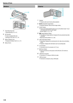 Page 118Bottom.1Tripod Mounting Hole
“Tripod Mounting” ( A p. 21)
2 SD Card Slot
0 Insert an optional SD card.
“Inserting an SD Card” ( A p. 15)
3 Battery Release Lever
“Charging the Battery Pack” ( A p. 14)
4 Battery MountInterior
.1Speaker
0 Outputs audio sound during video playback.
2 A / B  (Video/Still Image) Button
0 Switches between video and still image modes.
3 SILENT Button
0 Press and hold the SILENT button to turn on the Silent mode. To turn
it off, press and hold the button again.
“ SILENT MODE ” (...