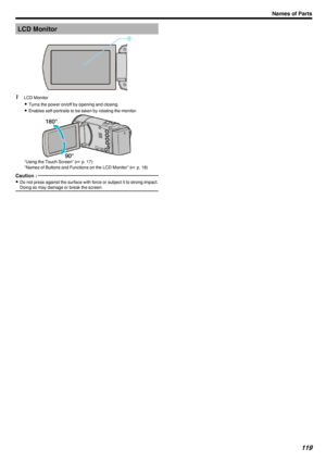 Page 119LCD Monitor.1LCD Monitor
0 Turns the power on/off by opening and closing.
0 Enables self-portraits to be taken by rotating the monitor.
.
“Using the Touch Screen” ( A p. 17)
“Names of Buttons and Functions on the LCD Monitor” ( A p. 18)
Caution : 
0
Do not press against the surface with force or subject it to strong impact.
Doing so may damage or break the screen.
Names of Parts119 