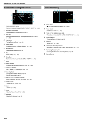 Page 120Common Recording Indications.1TOUCH PRIORITY AE/AF
“Capturing Subjects Clearly (TOUCH PRIORITY AE/AF)” ( A p. 42)
2 Backlight Compensation
“Setting Backlight Compensation” ( A p. 37)
3 Auto REC
“Recording Automatically by Sensing Movements (AUTO REC)”
( A  p. 52)
4 Tele Macro
“Taking Close-up Shots” ( A p. 38)
5 Scene Select
“Shooting According to Scene (Subject)” ( A p. 32)
6 White Balance
“Setting White Balance” ( A p. 36)
7 Time
“Clock Setting” ( A p. 19)
8 Smile Shot
“Capturing Smiles Automatically...