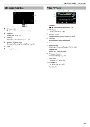 Page 121Still Image Recording.1Still Image Mode
“ A  / B  (Video/Still Image) Button” ( A p. 118)
2 Image Size
“ IMAGE SIZE ” ( A p. 101)
3 Self-Timer
“Taking Group Shots (Self-timer)” ( A p. 53)
4 Remaining Number of Shots
“Checking the Remaining Recording Time” ( A p. 57)
5 Focus
6 Recording in ProgressVideo Playback
.1Video Mode
“ A  / B  (Video/Still Image) Button” ( A p. 118)
2 Video Quality
“ VIDEO QUALITY ” ( A p. 94)
3 Operation Indicator
“Operation Buttons for Video Playback” ( A p. 58)
4 Date/Time
0...