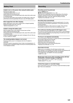 Page 123Battery Pack
Unable to turn on the power when using the battery pack.
Recharge the battery pack.
“Charging the Battery Pack” ( A p. 14)
Check whether the terminals are dirty.
If the terminal of this unit or the battery pack is dirty, wipe it with a cotton swab or something similar.
If you use any other battery packs besides JVC battery packs, safety and
performance cannot be guaranteed. Be sure to use JVC battery packs.
Short usage time even after charging.
Battery deterioration occurs when a battery...