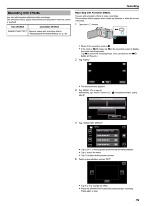 Page 39Recording with Effects
You can add animation effects to video recordings.
The animation effects appear when smiles are detected or when the screen
is touched.Type of EffectDescription of EffectANIMATION EFFECTRecords videos with animation effects.
“Recording with Animation Effects” ( A p. 39)Recording with Animation Effects
You can add animation effects to video recordings.
The animation effects appear when smiles are detected or when the screen
is touched.
1 Open the LCD monitor.
.
0Check if the...