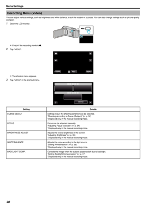 Page 90Recording Menu (Video)
You can adjust various settings, such as brightness and white balance, to suit the subject or purpose. You can also change settings such as picture quality
and gain.1 Open the LCD monitor.
.
0Check if the recording mode is  A.
2 Tap “MENU”.
.
0The shortcut menu appears.
3 Tap “MENU” in the shortcut menu.
.
SettingDetailsSCENE SELECTSettings to suit the shooting condition can be selected.
“Shooting According to Scene (Subject)” ( A p. 32)
*Displayed only in the manual recording...