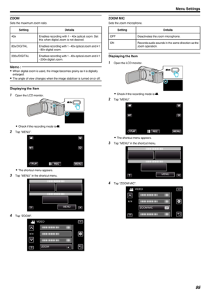 Page 95ZOOM
Sets the maximum zoom ratio.
SettingDetails40xEnables recording with 1 - 40x optical zoom. Set
this when digital zoom is not desired.80x/DIGITALEnables recording with 1 - 40x optical zoom and 41 - 80x digital zoom.200x/DIGITALEnables recording with 1 - 40x optical zoom and 41- 200x digital zoom.Memo : 
0 When digital zoom is used, the image becomes grainy as it is digitally
enlarged.
0 The angle of view changes when the image stabilizer is turned on or off.
Displaying the Item
1
Open the LCD...