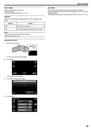 Page 99SELF-TIMER
Use this when taking a group photo.
Operating Details
“Taking Group Shots (Self-timer)” ( A p. 53)
GAIN UP
Makes the subject appear bright automatically when recording in dark
places.
SettingDetailsOFFDeactivates the function.ONElectrically brightens the scene when it is dark.Memo : 
0 Setting can be adjusted separately for videos.
“GAIN UP (Video)” ( A p. 93)
Displaying the Item
1
Open the LCD monitor.
.
0Check if the recording mode is  B.
2 Tap “MENU”.
.
0The shortcut menu appears.
3 Tap...