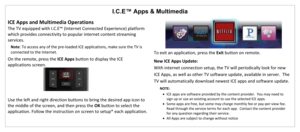 Page 35I.C.E™ Apps & Multimedia 
ICE Apps and Multimedia Operations 
The TV equipped with I.C.E™ (Internet Connected Experience) platform 
which provides connectivity to popular internet content streaming 
services.   
Note: To access any of the pre-loaded ICE applications, make sure the TV is 
connected to the Internet. 
On the remote, press the ICE Apps button to display the ICE 
applications screen. 
 
 
Use the left and right direction buttons to bring the desired app icon to 
the middle of the screen, and...
