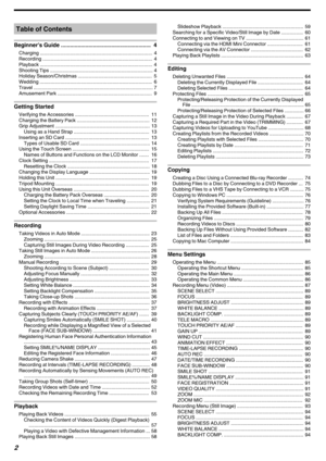 Page 2Table of Contents
Beginner’s Guide ...........................................................  4Charging ..................................................................................
 4
Recording
  ................................................................................  4
Playback ..................................................................................  4
Shooting Tips ...........................................................................  4
Holiday Season/Christmas...