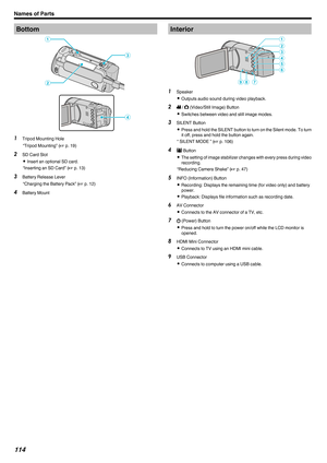 Page 114Bottom
.1
Tripod Mounting Hole
“Tripod Mounting” (A p. 19
)
2 SD Card Slot
0 Insert an optional SD card.
“Inserting an SD Card” (A p. 13)
3 Battery Release Lever
“Charging the Battery Pack” ( A p. 12)
4 Battery Mount Interior
. 1
Speaker
0 Outputs audio sound during video playback.
2 A 

/ B (Video/Still Image) Button
0 Switches between video and still image modes.
3 SILENT Button
0 Press and hold the SILENT button to turn on the Silent mode. To turn
it off, press and hold the button again.
“ SILENT MODE...