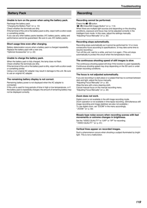 Page 119Battery Pack
Unable to turn on the power when using the battery pack. Recharge the battery pack.
“Charging the Battery Pack” (
A p. 12
)
Check whether the terminals are dirty.
If the terminal of this unit or the battery pack is dirty, wipe it with a cotton swab or something similar.
If you use any other battery packs besides JVC battery packs, safety and
performance cannot be guaranteed. Be sure to use JVC battery packs.
Short usage time even after charging. Battery deterioration occurs when a battery...
