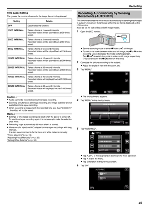 Page 49Time-Lapse Setting
The greater the number of seconds, the longer the recording interval.
Setting Details
OFF Deactivates the function.
1SEC INTERVAL Takes a frame at 1-second intervals.
Recorded videos will be played back at 30 times
speed.
2SEC INTERVAL Takes a frame at 2-second intervals.
Recorded videos will be played back at 60 times
speed.
5SEC INTERVAL Takes a frame at 5-second intervals.
Recorded videos will be played back at 150 times
speed.
10SEC INTERVAL Takes a frame at 10-second intervals....