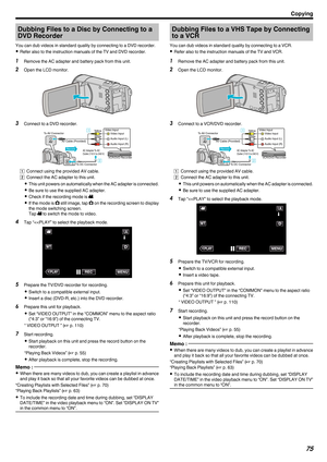 Page 75Dubbing Files to a Disc by Connecting to a
DVD Recorder
You can dub videos in standard quality by connecting to a DVD recorder. 0 Refer also to the instruction manuals of the TV and DVD recorder.
1 Remove the AC adapter and battery pack from this unit.
2 Open the LCD monitor.
.3
Connect to a DVD recorder.
. A Connect using the provided AV cable.
B Connect the AC adapter to this unit.
0This 
unit powers on automatically when the AC adapter is connected.
0 Be sure to use the supplied AC adapter.
0 Check if...