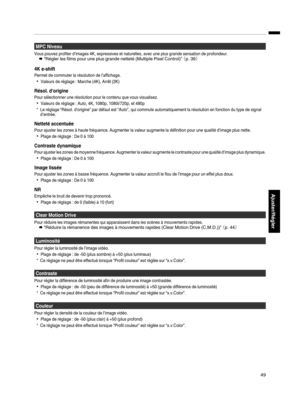 Page 133MPC Niveau
Vous pouvez profiter d’images 4K, expressives et naturelles, avec une plus grande sensation de profondeur.
Æ “Régler les films pour une plus grande netteté (Multiple Pixel Control)”  （p. 39）
4K e-shift
Permet de commuter la résolution de l’affichage.
0Valeurs de réglage : Marche (4K), Arrêt (2K)
Résol. d'origine
Pour sélectionner une résolution pour le contenu que vous visualisez.
0Valeurs de réglage : Auto, 4K, 1080p, 1080i/720p, et 480p
* Le réglage “Résol. d'origine” par défaut est...