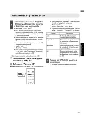 Page 201Visualización de películas en 3D
1
Conecte esta unidad a un dispositivo
HDMI compatible con 3D y encienda
el dispositivo para reproducir la
imagen de vídeo en 3D
0 Para obtener más información sobre cómo
reproducir imágenes de vídeo en 3D, consulte
el manual de instrucciones  del 
reproductor o de
la grabadora utilizados.
0 Cuando se reciben las  señales 

en 3D, la imagen
de vídeo cambia automáticamente al formato
3D.
0 Esta unidad admite los  siguientes 

formatos 3D.
- Paquetes de fotogramas
- Lado a...