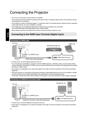 Page 22Connecting the Projector
0 Do not turn on the power until connection is complete.
0 The connection procedures differ according to the device used. For details, please refer to the instruction manual
of the device to be connected.
0 This projector is used for projecting images. To output the audio of connected devices, please connect a separate
audio output device, such as an amplifier or speaker.
0 The images may not be displayed depending on the devices and cables to be connected.
Use only HDMI cables...