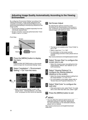 Page 30Adjusting Image Quality Automatically According to the Viewing
Environment
By configuring “Environment Setting” according to the
viewing environment, image quality adjustment and
correction according to environmental differences are
performed  automatically 
to minimize 
any 
influence on the
image quality.
0 “Environment Setting” is applied separately from the
individually adjusted data.
0 Screen correction cannot be performed when “Color
Profile” is set to “x.v.Color”.
.1
Press the [MENU] button to...