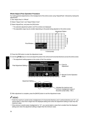 Page 56Whole Adjust (Fine) Operation Procedure
For making general adjustments  on 
the misalignment of the entire screen using “Adjust(Pixel)”, followed by making fine
adjustments.
A Set “Adjust Area” to “Whole”
B Select “Adjust Color” and “Adjust Pattern Color”
C Select Adjust(Fine), and press the [OK] button
0 The selected adjustment pattern and Fine window are displayed.
0 The adjustable range may be smaller depending on the pixels being adjusted on the entire screen.
. D
Press the [OK] button to enter the...