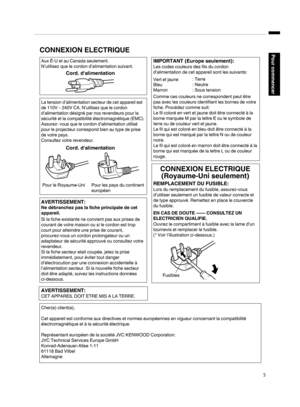 Page 89.
5Pour commencerCord. d‘alimentation
Cord. d‘alimentation
Pour les pays du continent
européen Pour le Royaume-Uni
Vert et jaune
Bleu
Marron
Fusibles: Terre
: Neutre
: Sous tension
CONNEXION ELECTRIQUE
AVERTISSEMENT:
AVERTISSEMENT:
Ne débranchez pas la fiche principale de cet 
appareil.
La tension d’alimentation secteur de cet appareil est 
de 110V – 240V CA. N’utilisez que le cordon 
d’alimentation désigné par nos revendeurs pour la 
sécurité et la compatibilité électromagnétique (EMC).
Assurez- vous...